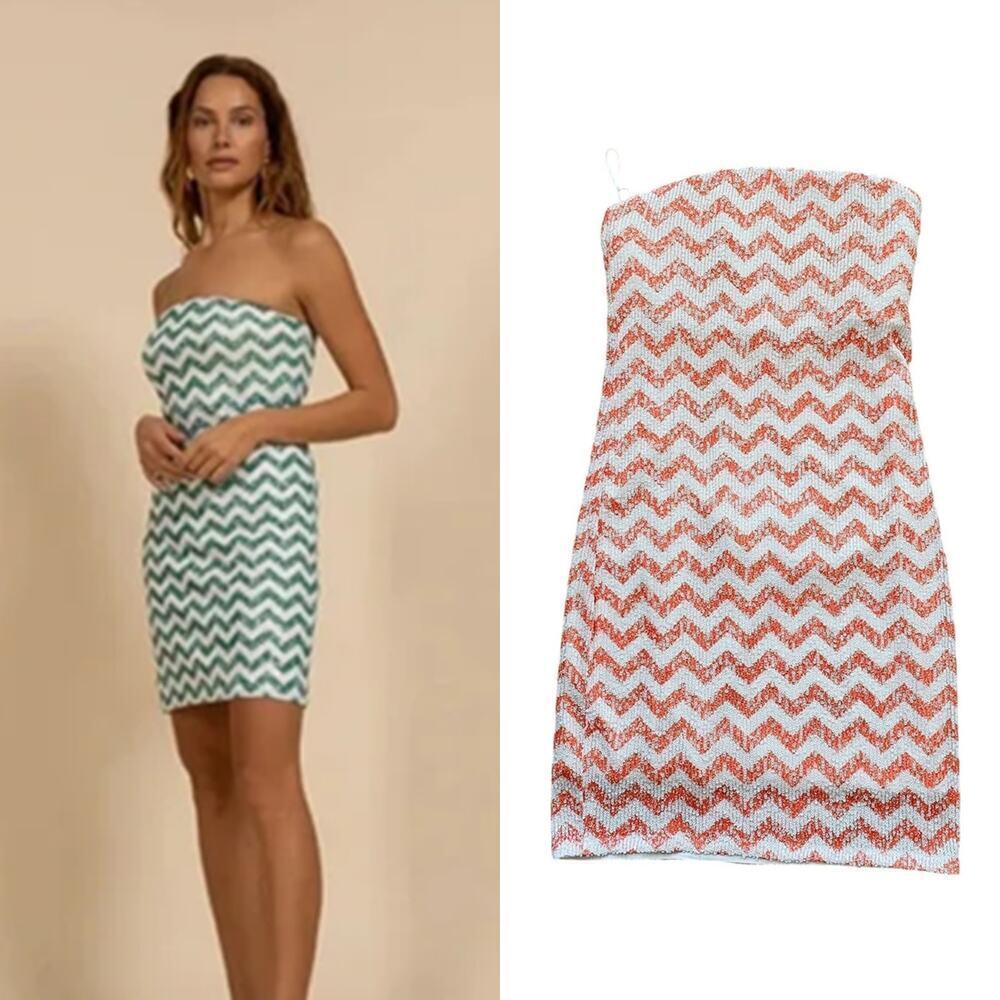 Kasia Sequin Strapless Mini Dress Chevron Orange / White Size M  NWT